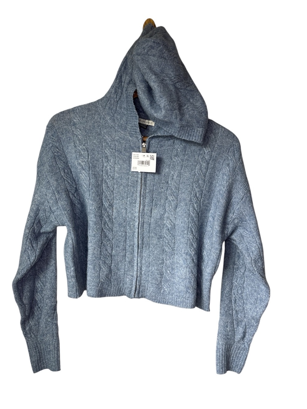 NWT American Eagle Blue Cable Knit Soft Full Zip Hoodie Sweater Cropped XS Cozy